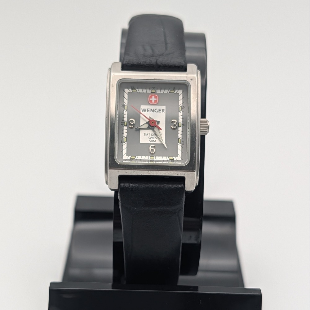 Wenger SMT Design Watch Women 6.5 Black Grey Swiss Made‎ Rectangular 092.0940